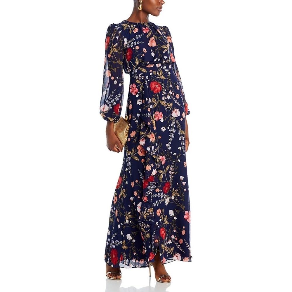 Eliza J Navy Floral Maxi Dress Balloon Sleeve Ruffle Slit Size 8